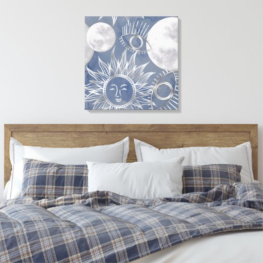 Solar Mystique | Dusty Blue Silver Moon Stars Sun Canvas Afdruk (Insitu (Slaapkamer))