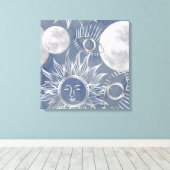 Solar Mystique | Dusty Blue Silver Moon Stars Sun Canvas Afdruk (Insitu (Houten vloer))