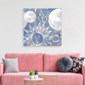 Solar Mystique | Dusty Blue Silver Moon Stars Sun Canvas Afdruk (Insitu (Woonkamer))