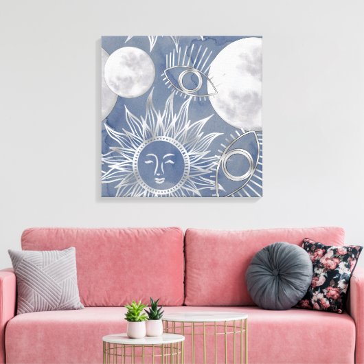 Solar Mystique | Dusty Blue Silver Moon Stars Sun Canvas Afdruk (Insitu (Woonkamer))