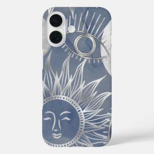 Solar Mystique Dusty Blue Silver Moon Stars Sun iPhone 16 Hoesje