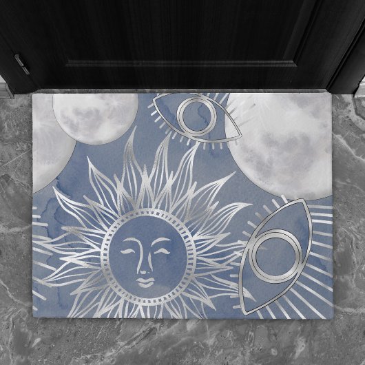 Solar Mystique | Dusty Blue Silver Moon Stars Sun Deurmat