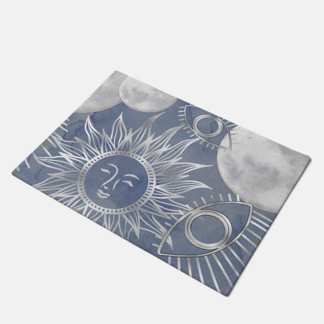 Solar Mystique | Dusty Blue Silver Moon Stars Sun Deurmat (Schuin)
