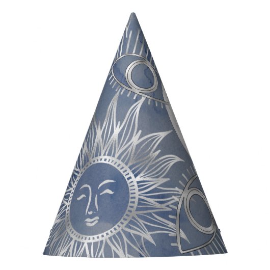Solar Mystique | Dusty Blue Silver Moon Stars Sun Feesthoedjes (Voorkant)