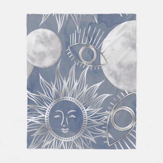 Solar Mystique | Dusty Blue Silver Moon Stars Sun Fleece Deken (Voorkant)