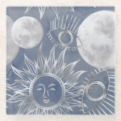 Solar Mystique | Dusty Blue Silver Moon Stars Sun Glazen Onderzetter (Voorkant)