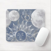 Solar Mystique | Dusty Blue Silver Moon Stars Sun Muismat (Met muis)