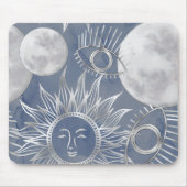 Solar Mystique | Dusty Blue Silver Moon Stars Sun Muismat (Voorkant)