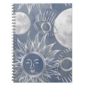 Solar Mystique | Dusty Blue Silver Moon Stars Sun Notitieboek (Voorkant)