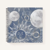 Solar Mystique | Dusty Blue Silver Moon Stars Sun Notitieboek (Voorkant)