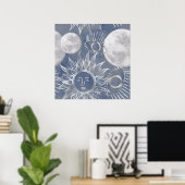 Solar Mystique | Dusty Blue Silver Moon Stars Sun Poster (Thuiskantoor)