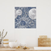 Solar Mystique | Dusty Blue Silver Moon Stars Sun Poster (Keuken)