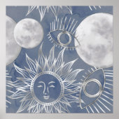 Solar Mystique | Dusty Blue Silver Moon Stars Sun Poster (Voorkant)