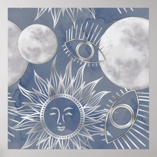 Solar Mystique | Dusty Blue Silver Moon Stars Sun Poster (Voorkant)
