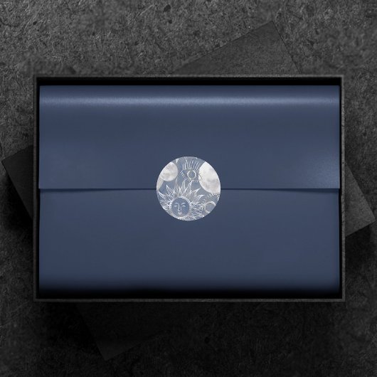 Solar Mystique | Dusty Blue Silver Moon Stars Sun Ronde Sticker