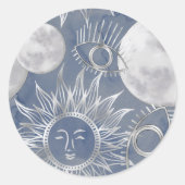 Solar Mystique | Dusty Blue Silver Moon Stars Sun Ronde Sticker (Voorkant)