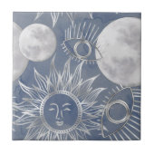 Solar Mystique | Dusty Blue Silver Moon Stars Sun Tegeltje (Voorkant)
