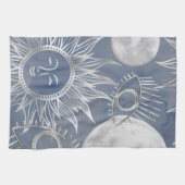 Solar Mystique | Dusty Blue Silver Moon Stars Sun Theedoek (Horizontaal)