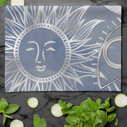 Solar Mystique | Dusty Blue Silver Moon Stars Sun Theedoek