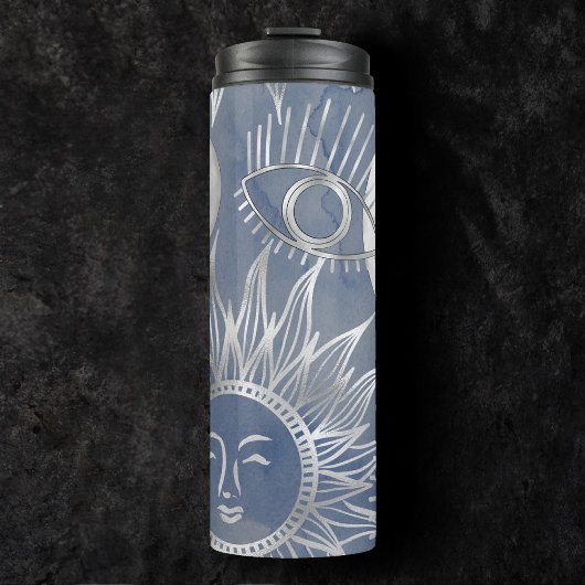 Solar Mystique | Dusty Blue Silver Moon Stars Sun Thermosbeker