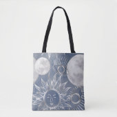 Solar Mystique | Dusty Blue Silver Moon Stars Sun Tote Bag (Voorkant)