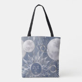 Solar Mystique | Dusty Blue Silver Moon Stars Sun Tote Bag (Achterkant)