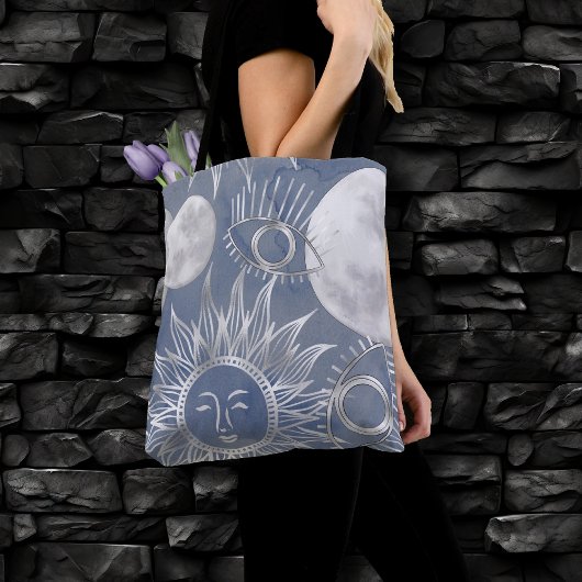 Solar Mystique | Dusty Blue Silver Moon Stars Sun Tote Bag
