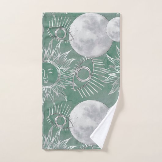Solar Mystique | Dusty Green Silver Moon Stars Sun Bad Handdoek (Handdoek)