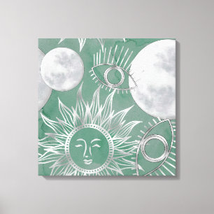 Solar Mystique   Dusty Green Silver Moon Stars Sun Canvas Afdruk