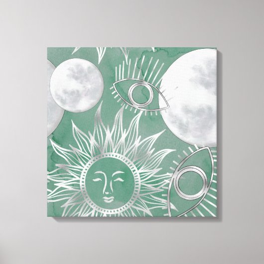 Solar Mystique | Dusty Green Silver Moon Stars Sun Canvas Afdruk (Voorkant)