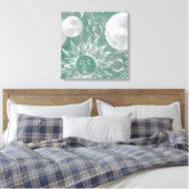 Solar Mystique | Dusty Green Silver Moon Stars Sun Canvas Afdruk (Insitu (Slaapkamer))