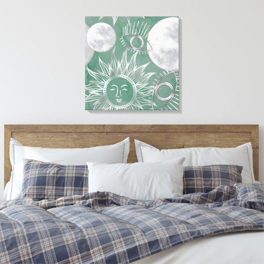 Solar Mystique | Dusty Green Silver Moon Stars Sun Canvas Afdruk (Insitu (Slaapkamer))