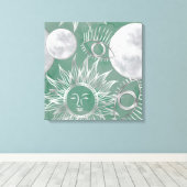 Solar Mystique | Dusty Green Silver Moon Stars Sun Canvas Afdruk (Insitu (Houten vloer))
