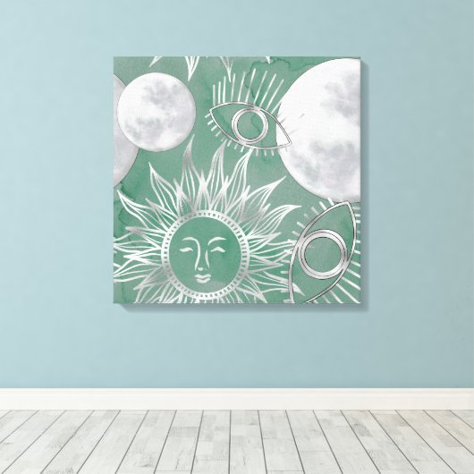 Solar Mystique | Dusty Green Silver Moon Stars Sun Canvas Afdruk (Insitu (Houten vloer))