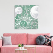 Solar Mystique | Dusty Green Silver Moon Stars Sun Canvas Afdruk (Insitu (Woonkamer))