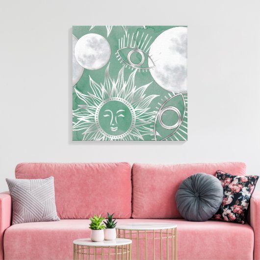 Solar Mystique | Dusty Green Silver Moon Stars Sun Canvas Afdruk (Insitu (Woonkamer))
