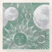 Solar Mystique | Dusty Green Silver Moon Stars Sun Glazen Onderzetter (Voorkant)
