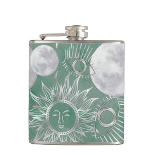 Solar Mystique Dusty Green Silver Moon Stars Sun Heupfles