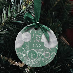 Solar Mystique   Dusty Green Silver Moon Stars Sun Keramisch Ornament