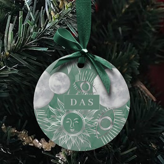 Solar Mystique | Dusty Green Silver Moon Stars Sun Keramisch Ornament