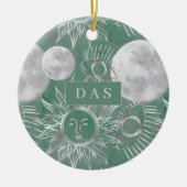 Solar Mystique | Dusty Green Silver Moon Stars Sun Keramisch Ornament (Voorkant)