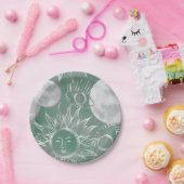 Solar Mystique | Dusty Green Silver Moon Stars Sun Papieren Bordje (Feest)