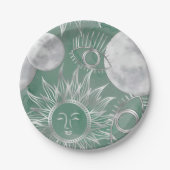 Solar Mystique | Dusty Green Silver Moon Stars Sun Papieren Bordje (Voorkant)