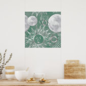 Solar Mystique | Dusty Green Silver Moon Stars Sun Poster (Keuken)