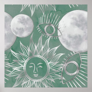 Solar Mystique   Dusty Green Silver Moon Stars Sun Poster