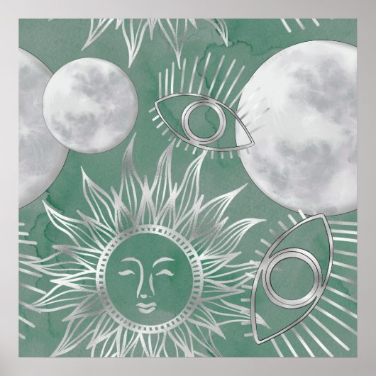 Solar Mystique | Dusty Green Silver Moon Stars Sun Poster (Voorkant)