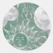 Solar Mystique | Dusty Green Silver Moon Stars Sun Ronde Sticker (Voorkant)