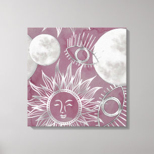 Solar Mystique   Roze zilver Moon Stars Sun Eyes Canvas Afdruk