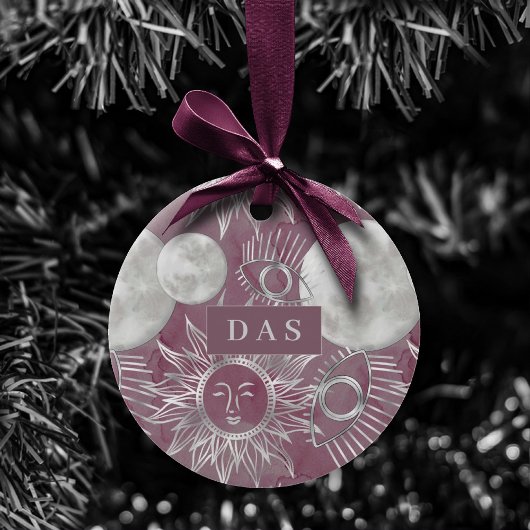 Solar Mystique | Roze zilver Moon Stars Sun Eyes Keramisch Ornament