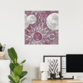 Solar Mystique | Roze zilver Moon Stars Sun Eyes Poster (Thuiskantoor)